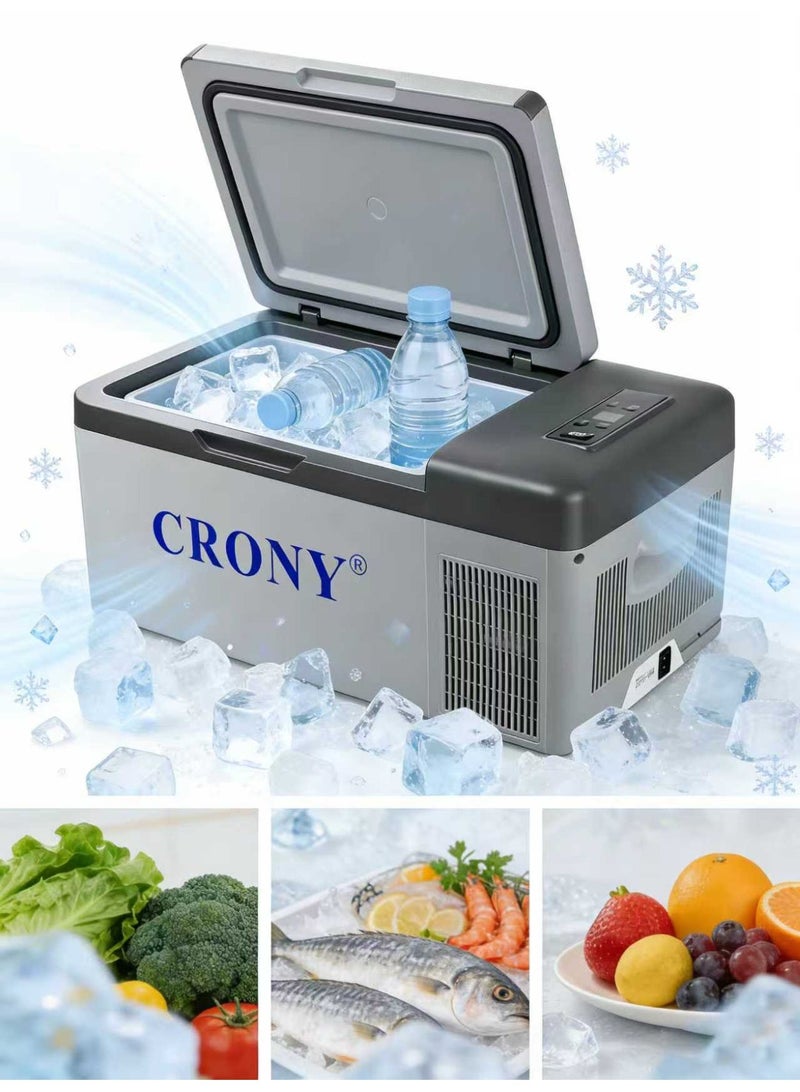 Crony C15 15l portable car refrigerator freezer. It features compressor cooling, a quiet design, low power consumption, rapid cooling, DC 12V/24V power supply, a temperature range of -20°C to 20°C, APP control, and an LED panel to protect your car battery. Ideal for road trips, outdoor activities, and fishing enthusiasts. - Image 5